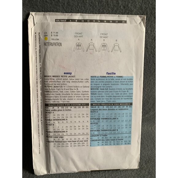 Butterick Misses Jacket Sewing Pattern sz 12-16 6376 - uncut - Picture 3 of 4